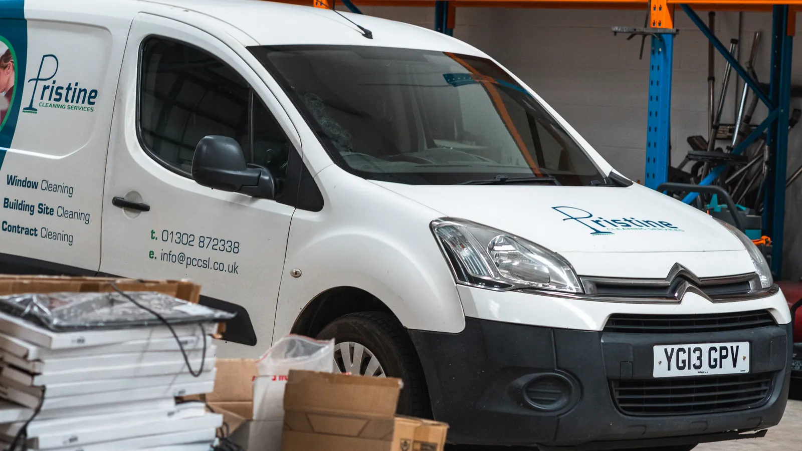Pristine Cleaning Services van outside the company warehouse
